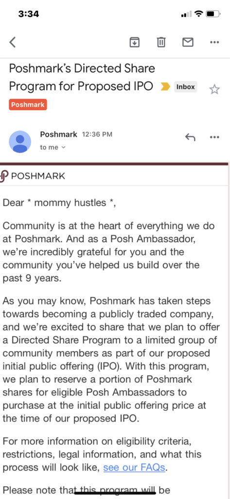 My personal invitation to apply for Poshmark's Directed Share Program for Proposed IPO.